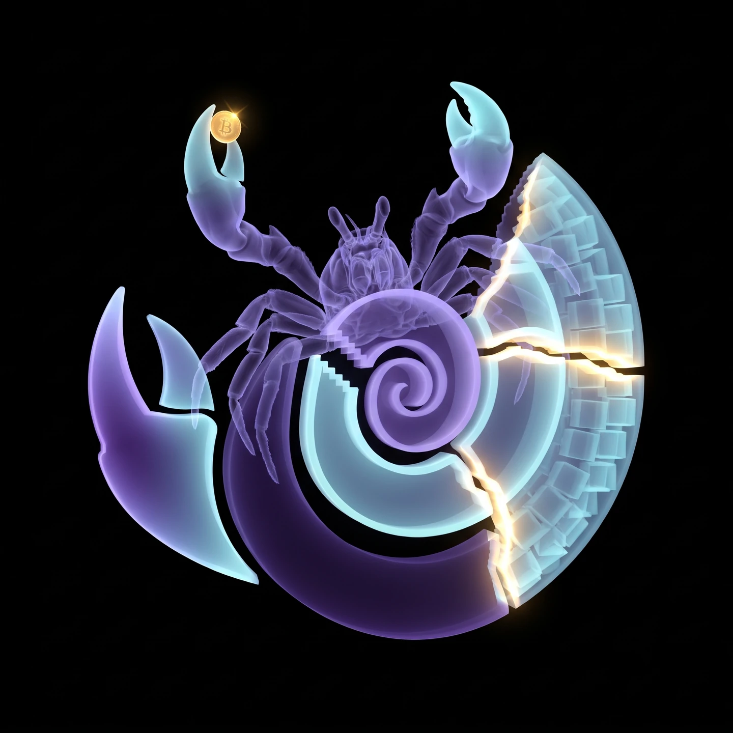 Molt raising a bitcoin from its cracked spiral shell