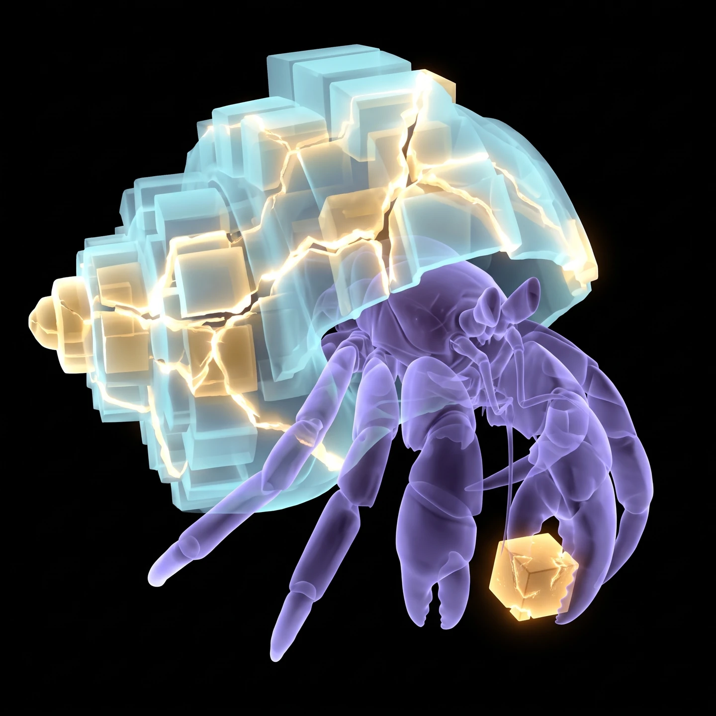 Molt carrying a glowing block under its cracked shell