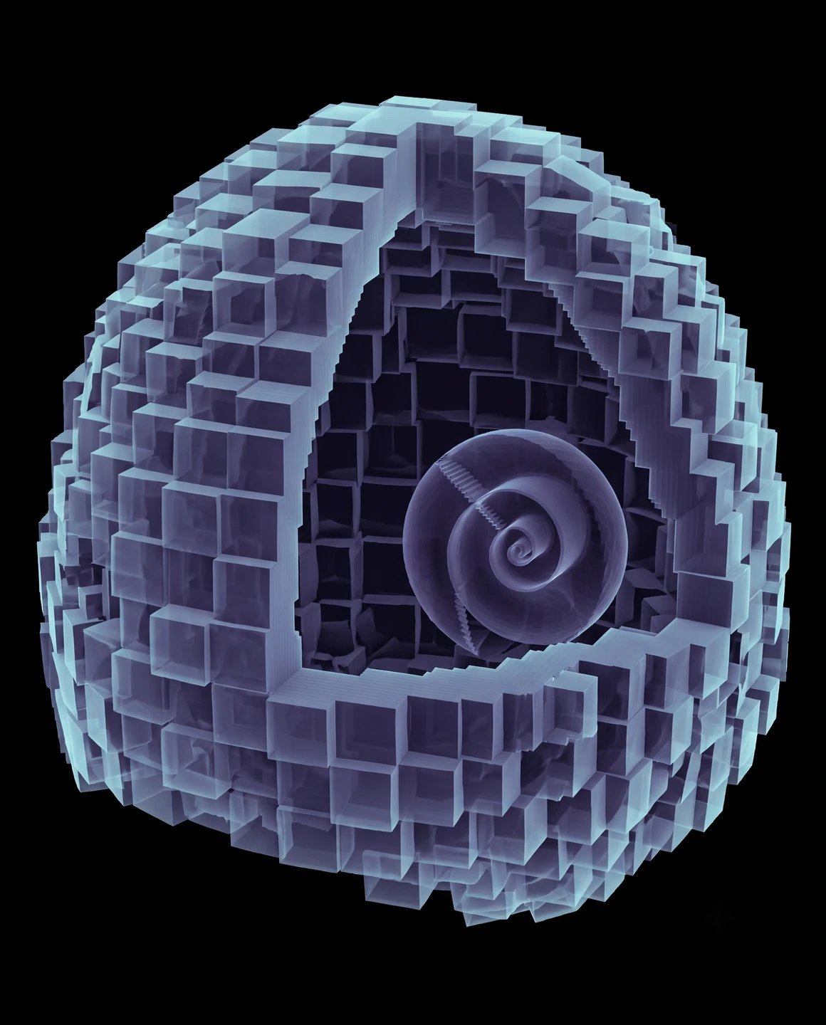 An empty fossil shell of glass blocks with a small spiral inside